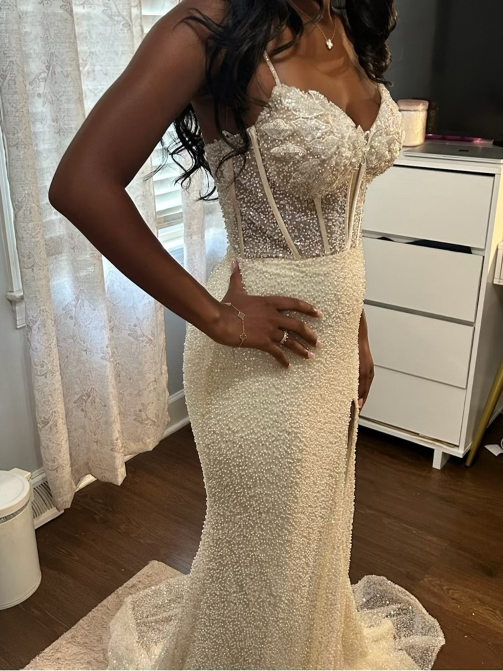 Sherri Hill Ivory Beaded Prom Gown with Corset Bodice and High Slit - Picture 4 of 6